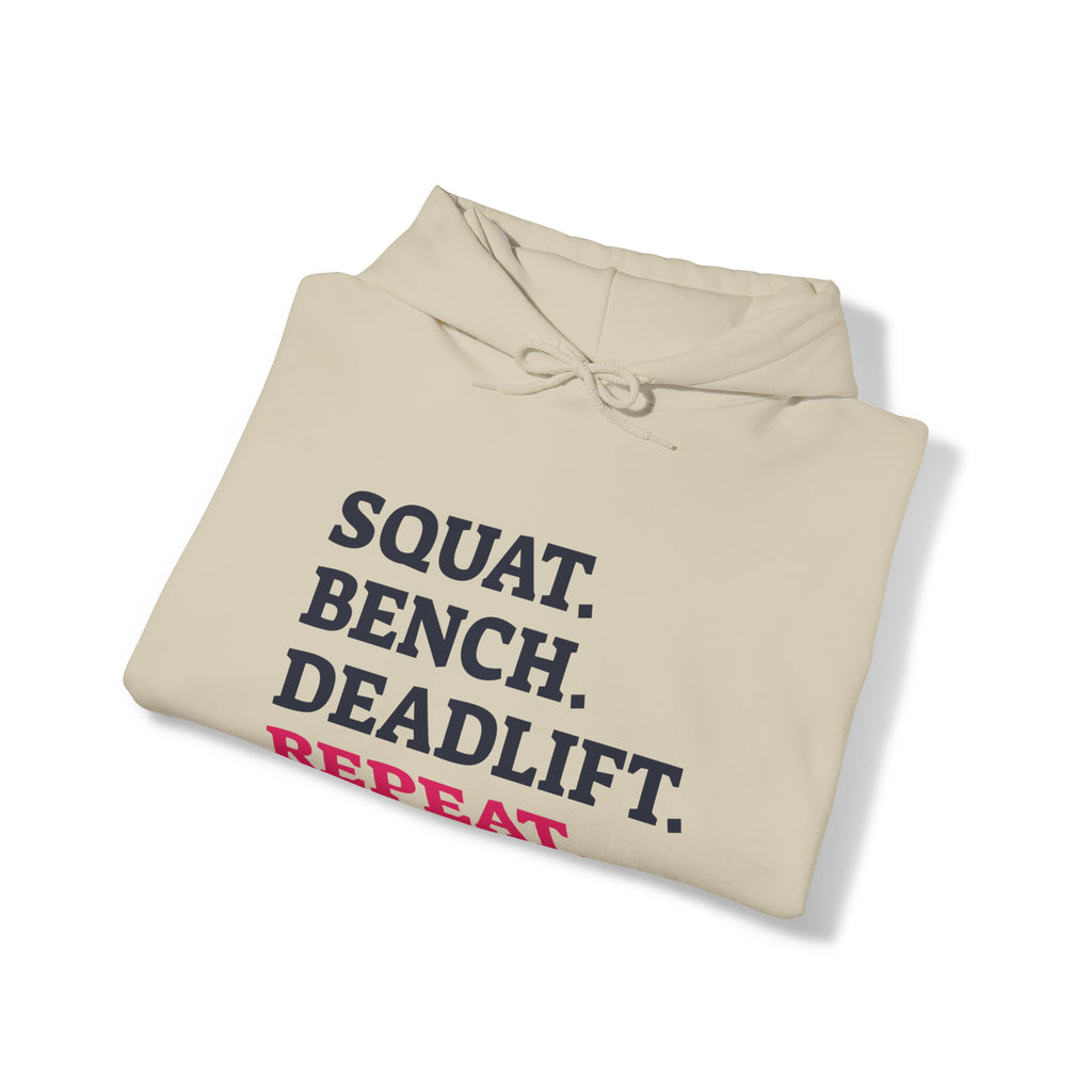 Squat Bench Deadlift Repeat - Unisex Heavy Blend Hooded Sweatshirt - Light Logo - Pink- Plain Black
