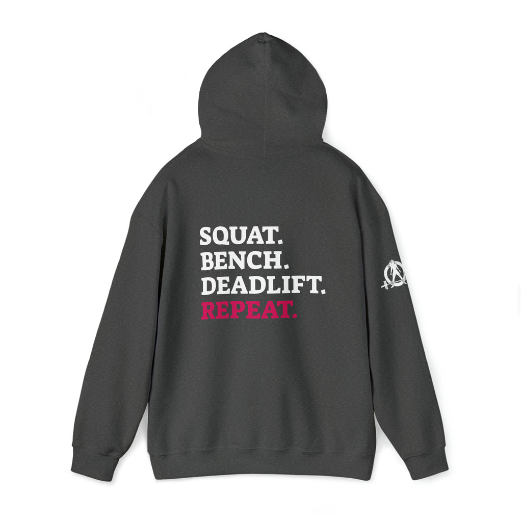 Squat Bench Deadlift Repeat - Unisex Heavy Blend Hooded Sweatshirt - Dark White Logo - Pink - SBDR on BACK