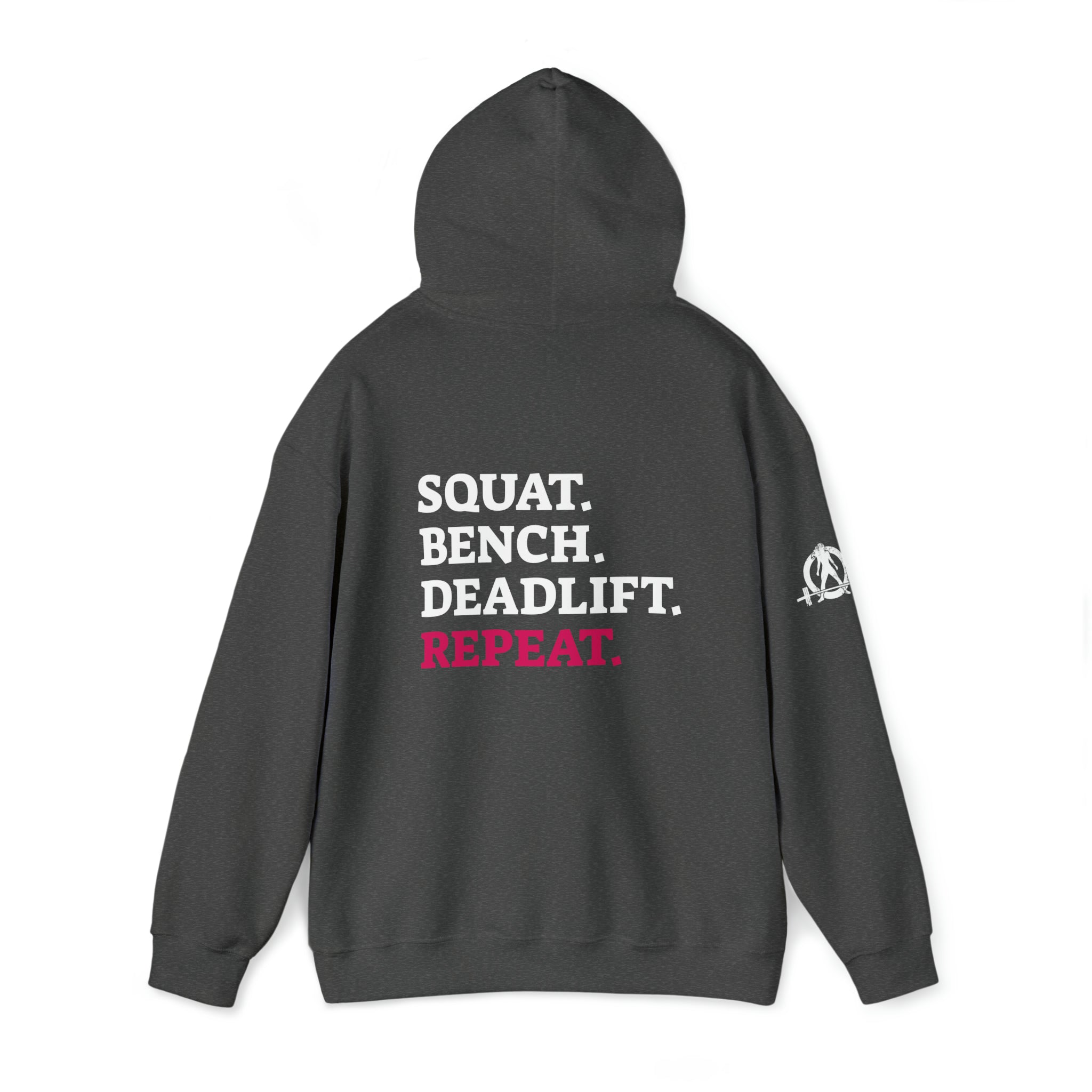 Squat Bench Deadlift Repeat - Unisex Heavy Blend Hooded Sweatshirt - Dark White Logo - Pink - SBDR on BACK