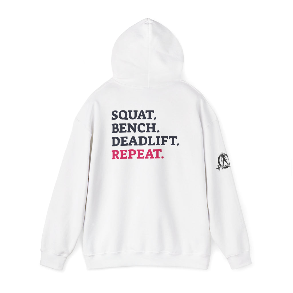 WWLW “Squat • Bench • Deadlift • Repeat” Hoodie - Black Logo Back