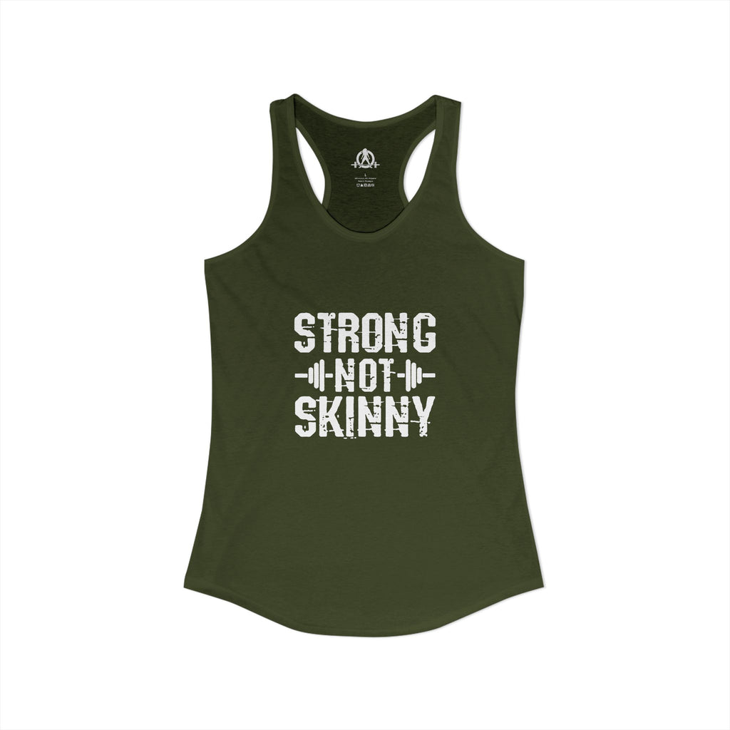 Strong Not Skinny - White Distressed Logo - Women's Ideal Racerback Tank - Front & Back Print