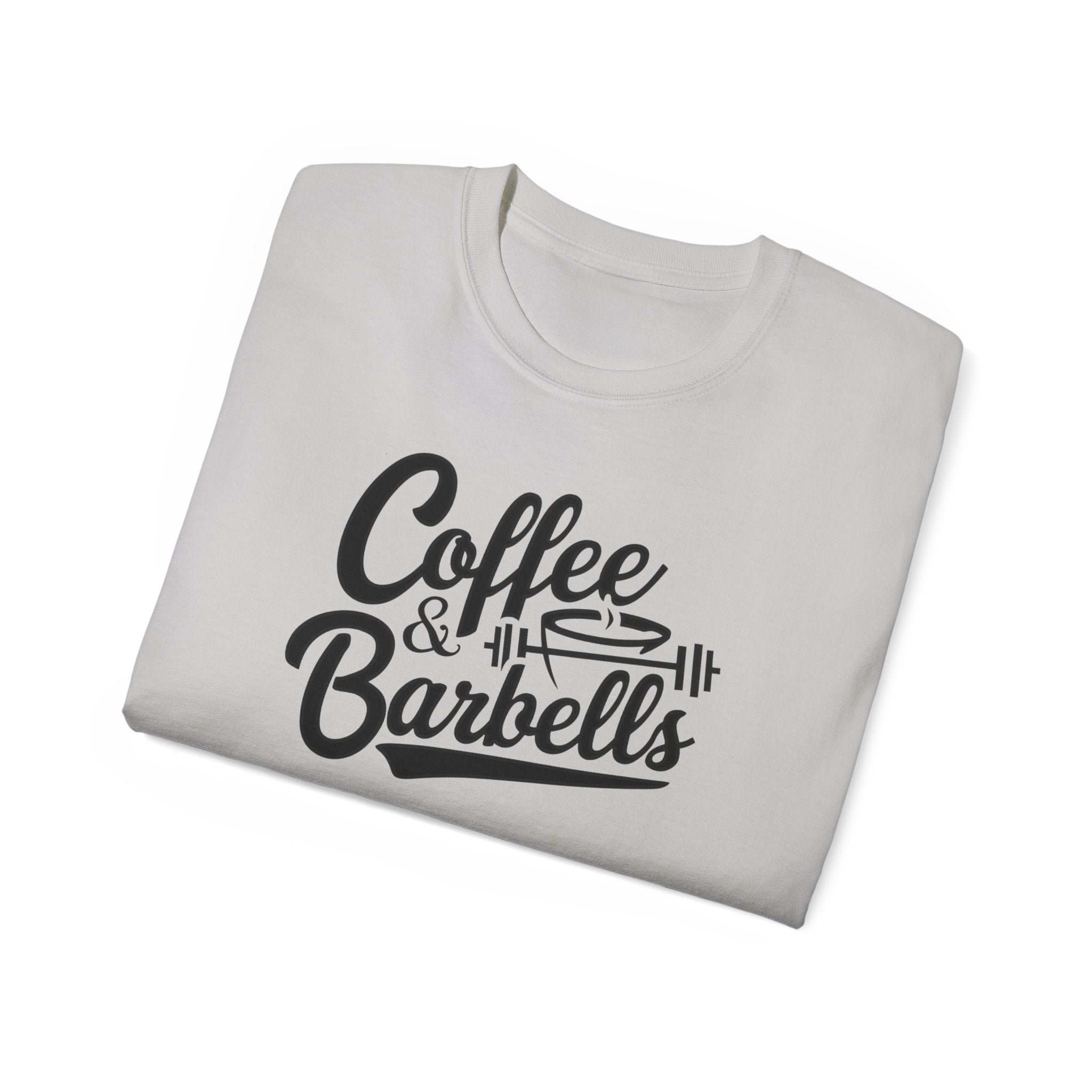 Coffee & Barbells - Unisex Ultra Cotton Tee - Front Black Logo - Plain Back