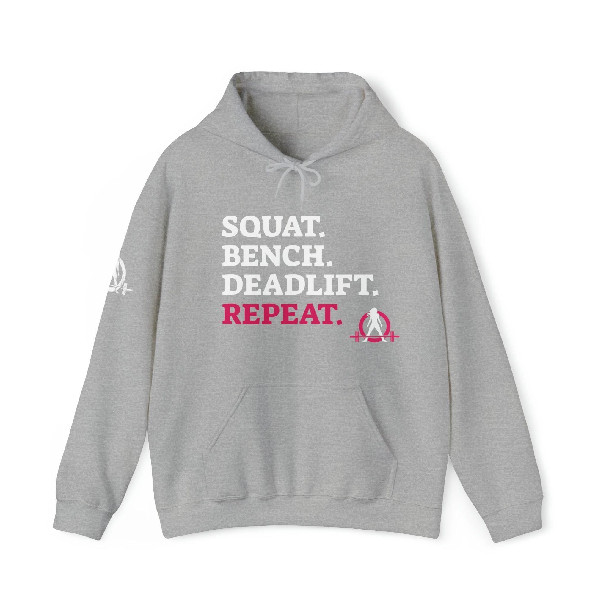 Squat Bench Deadlift Repeat - Unisex Heavy Blend Hooded Sweatshirt - Dark WWLW Logo - Pink - Plain Black