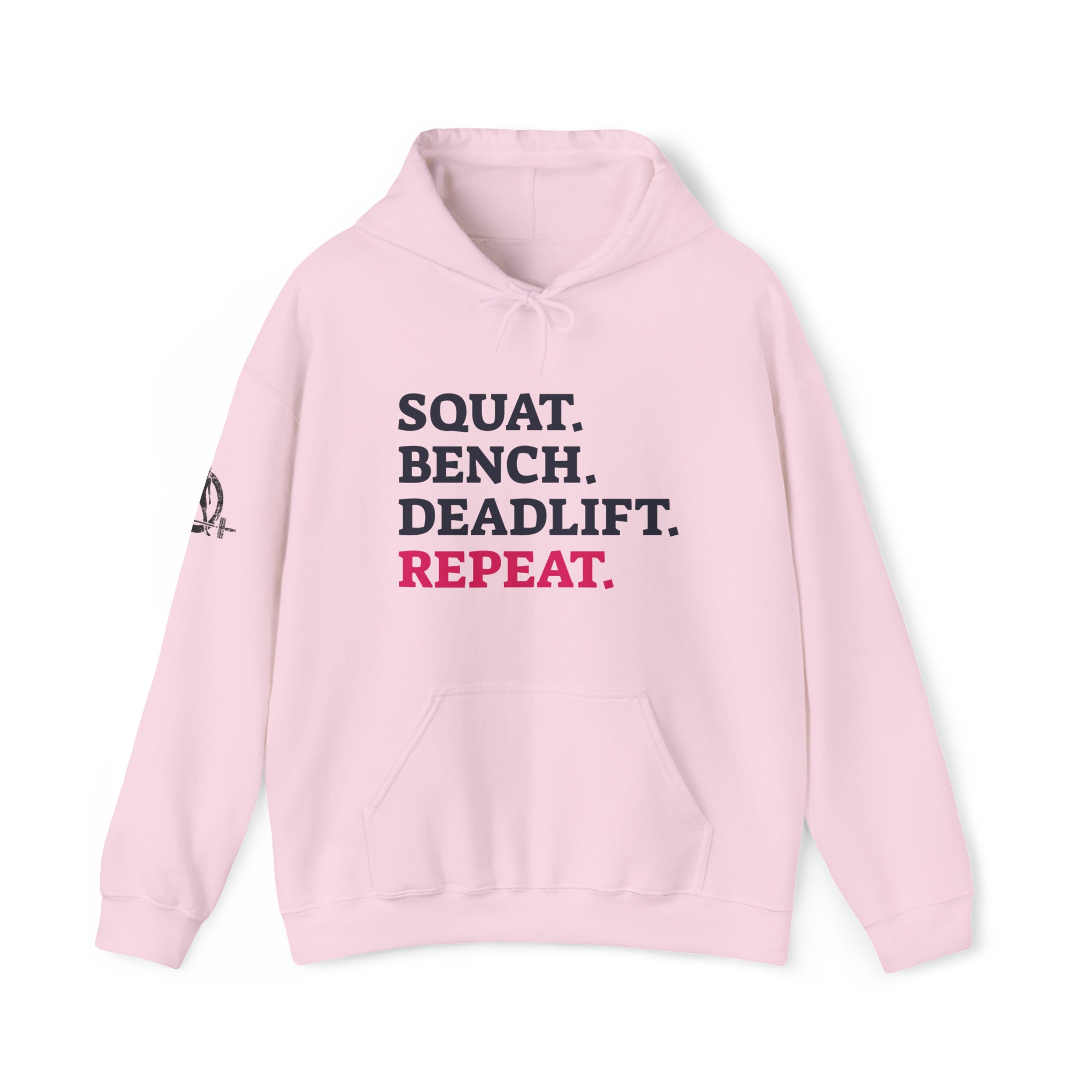 Squat Bench Deadlift Repeat - Unisex Heavy Blend Hooded Sweatshirt - Light Logo - Pink- Plain Black