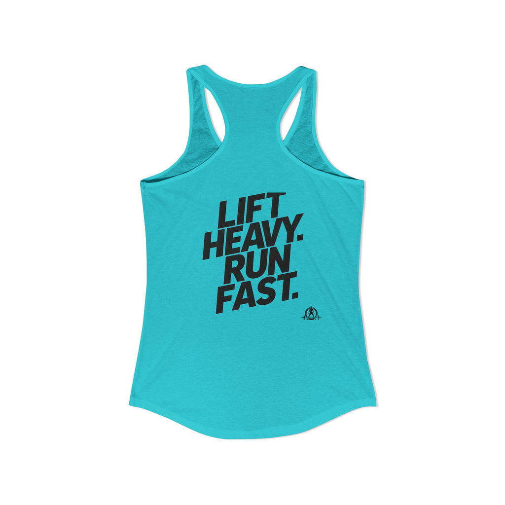 Lift Heavy - Run Fast - Racer Back Tank Top - Women's Ideal Racerback Tank (Black Front & Back Logo)