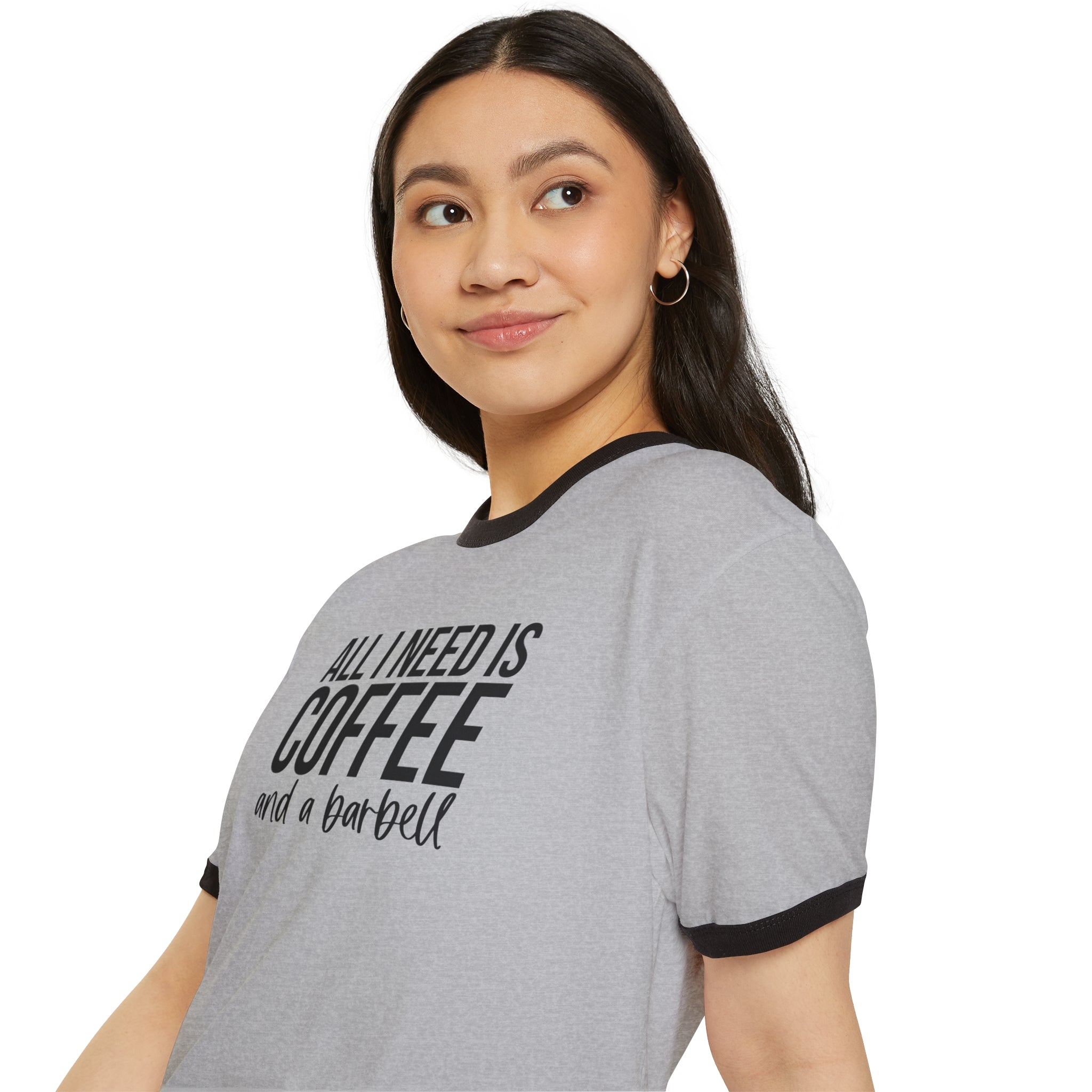 All I Need is Coffee & A Barbell - Unisex Cotton Ringer T-Shirt - Black Logo Front & Back