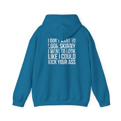 I DON’T WANT TO LOOK SKINNY – Unisex Heavy Blend™ Hooded Sweatshirt (Black Distressed Logo) 🖤💪🔥