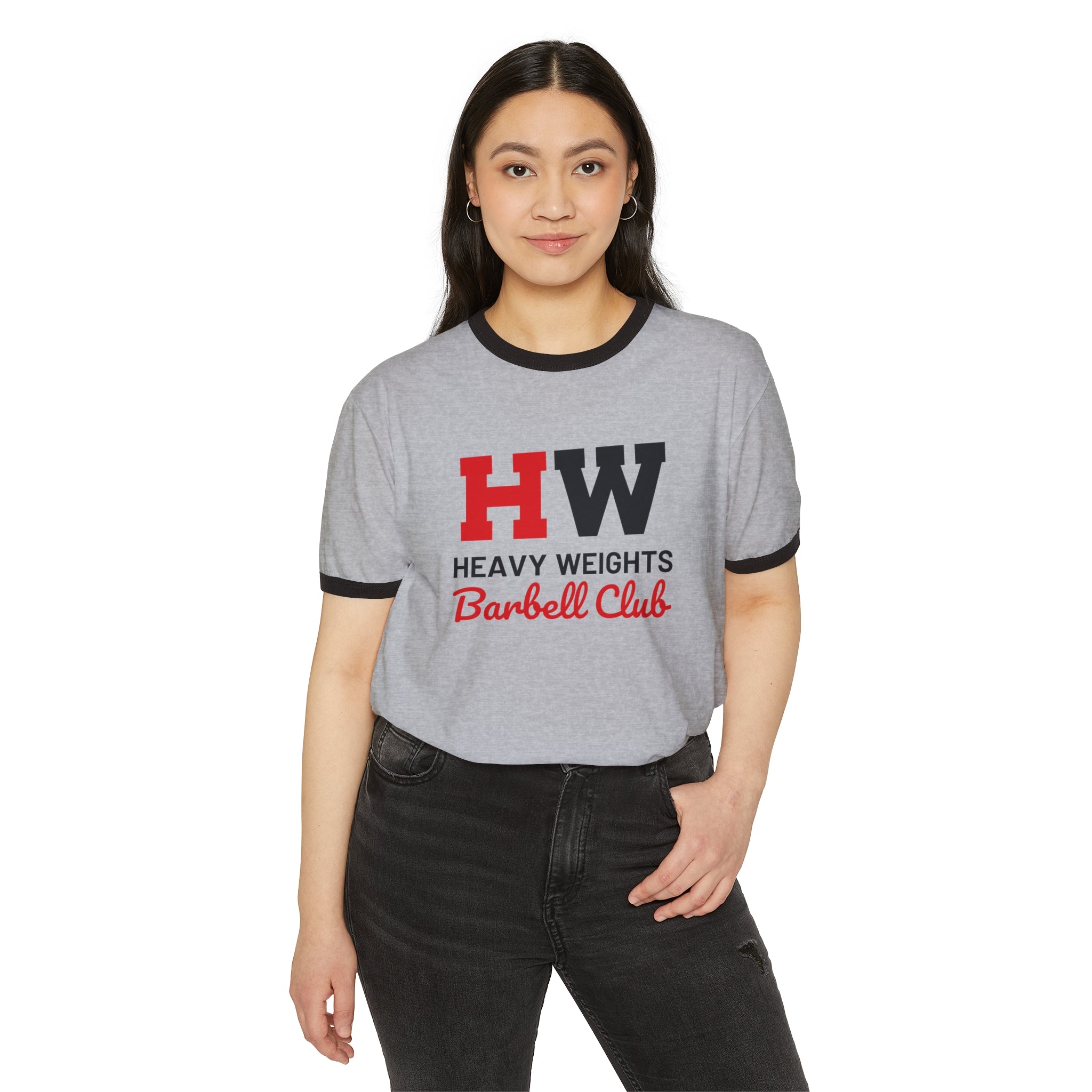 HW Barbell Club - Unisex Cotton Ringer T-Shirt - Black Classic Logo Front Plain Back