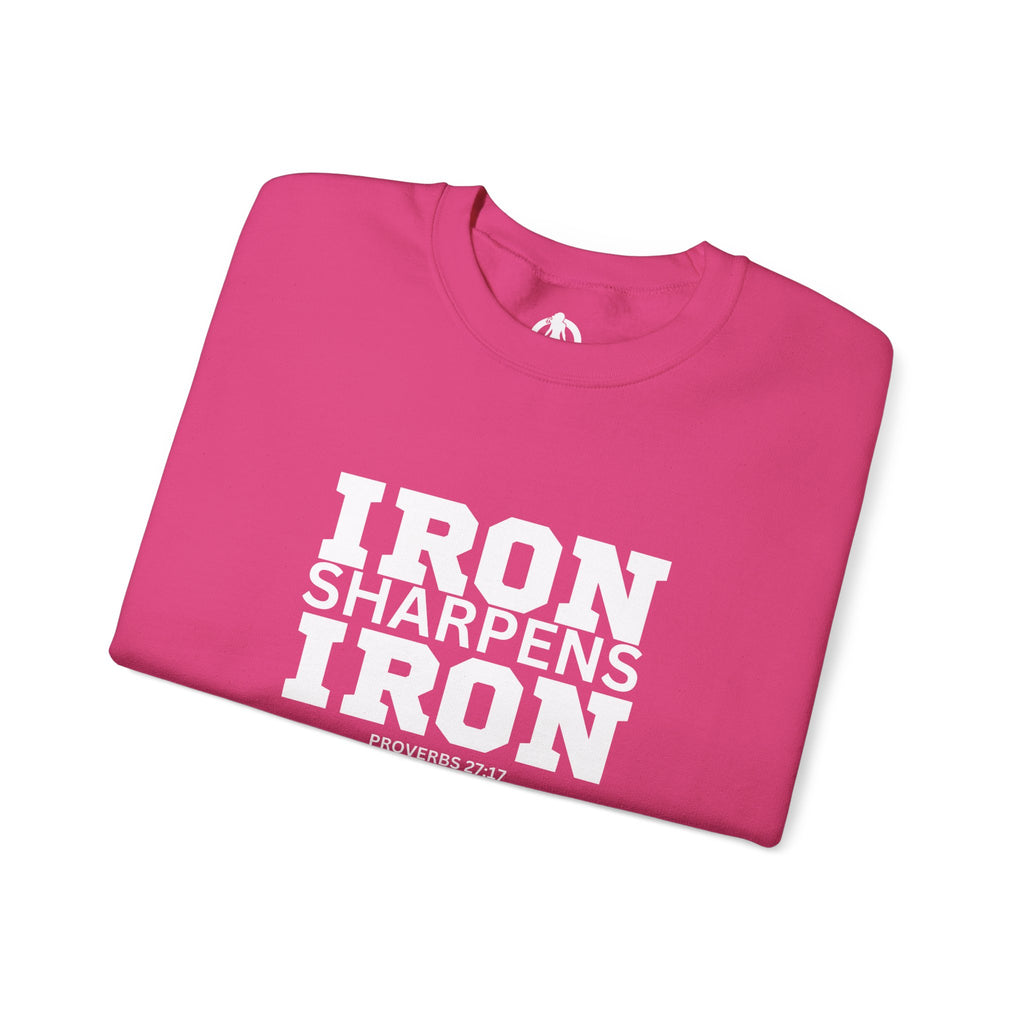 Iron Sharpens Iron - Unisex Heavy Blend™ Crewneck Sweatshirt - Front White Logo - Plain Back