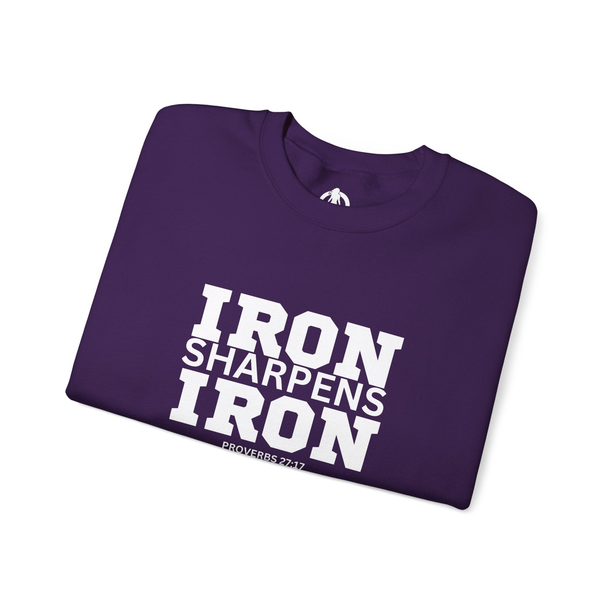 Iron Sharpens Iron - Unisex Heavy Blend™ Crewneck Sweatshirt - Front White Logo - Plain Back