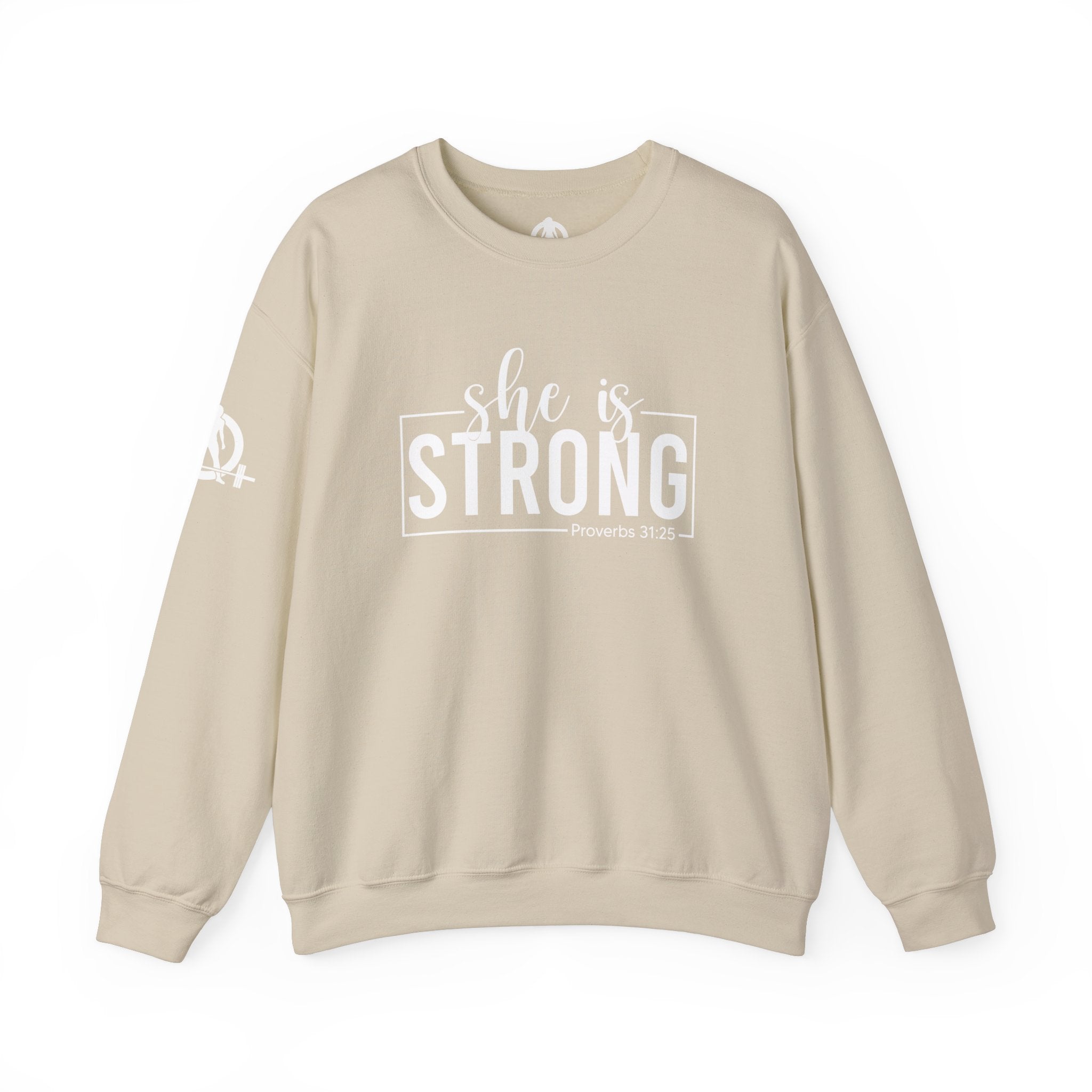 She is STRONG - Unisex Heavy Blend™ Crewneck Sweatshirt - Front White Logo - Plain Back