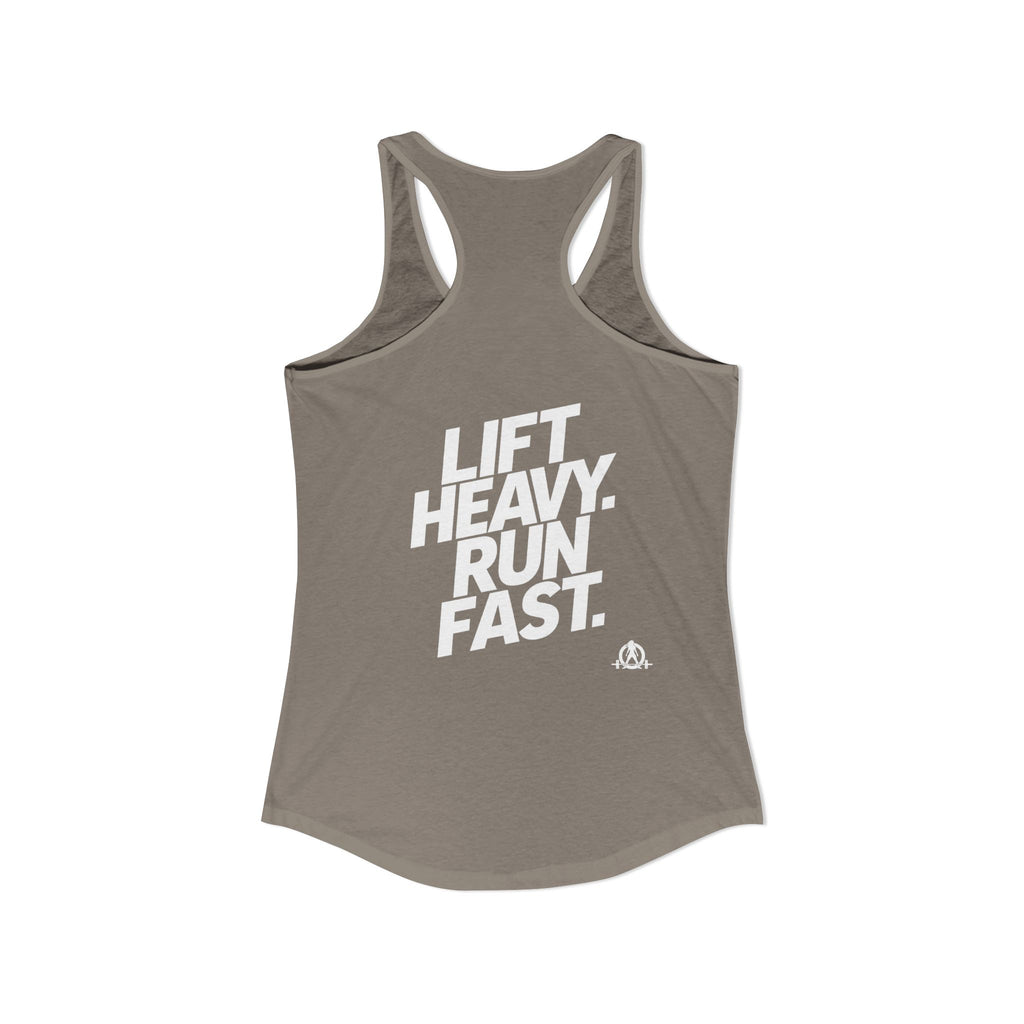 Lift Heavy - Run Fast - Racer Back Tank Top - Women's Ideal Racerback Tank (White Front & Back Logo)