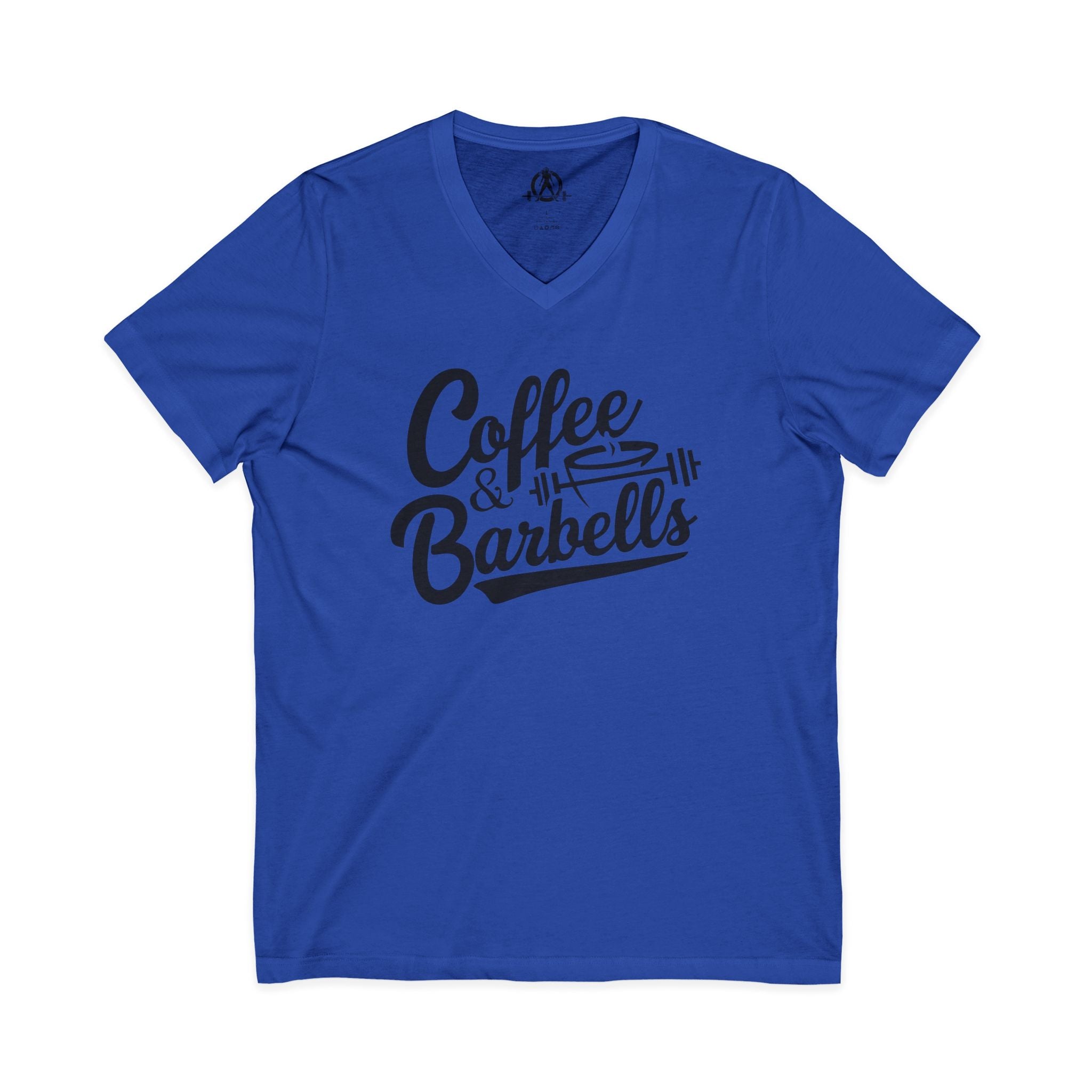 Coffee & Barbells - Unisex Jersey Short Sleeve V-Neck Tee - Black Logo Plain Back