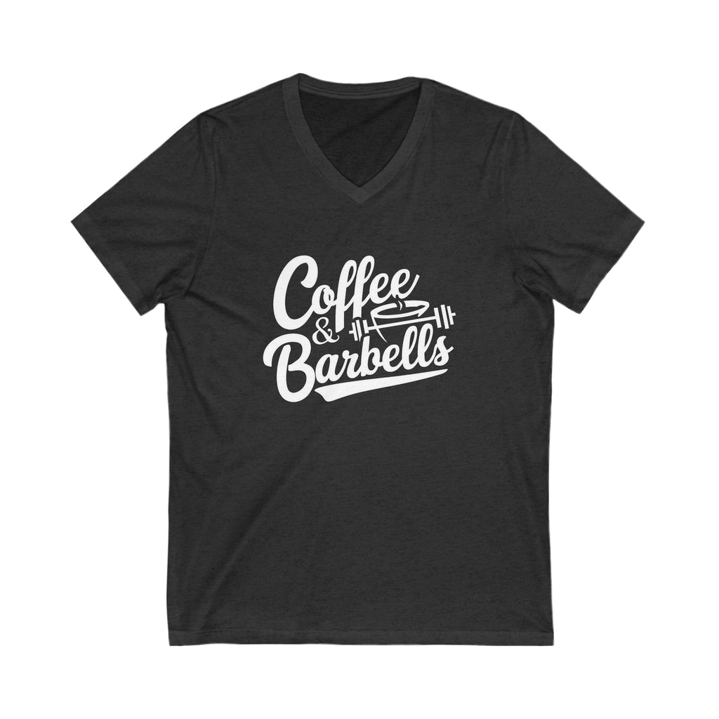 Coffee & Barbells - Unisex Jersey Short Sleeve V-Neck Tee - White Logo Plain Back