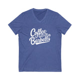 Coffee & Barbells - Unisex Jersey Short Sleeve V-Neck Tee - White Logo Plain Back