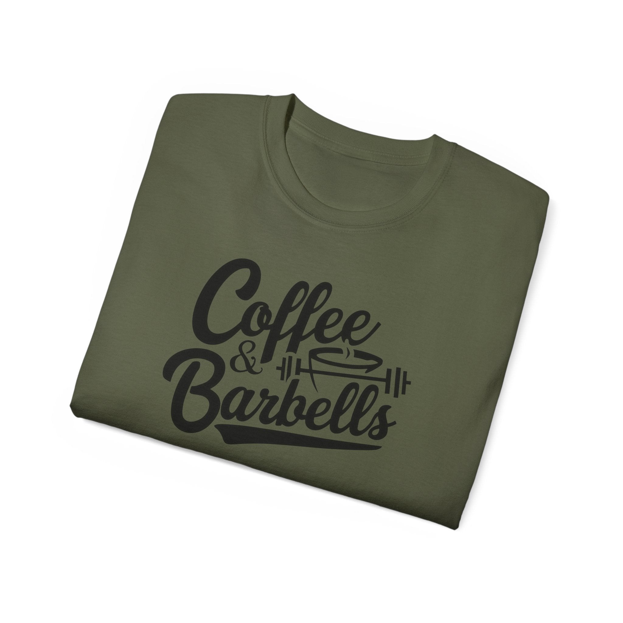 Coffee & Barbells - Unisex Ultra Cotton Tee - Front Black Logo - Plain Back