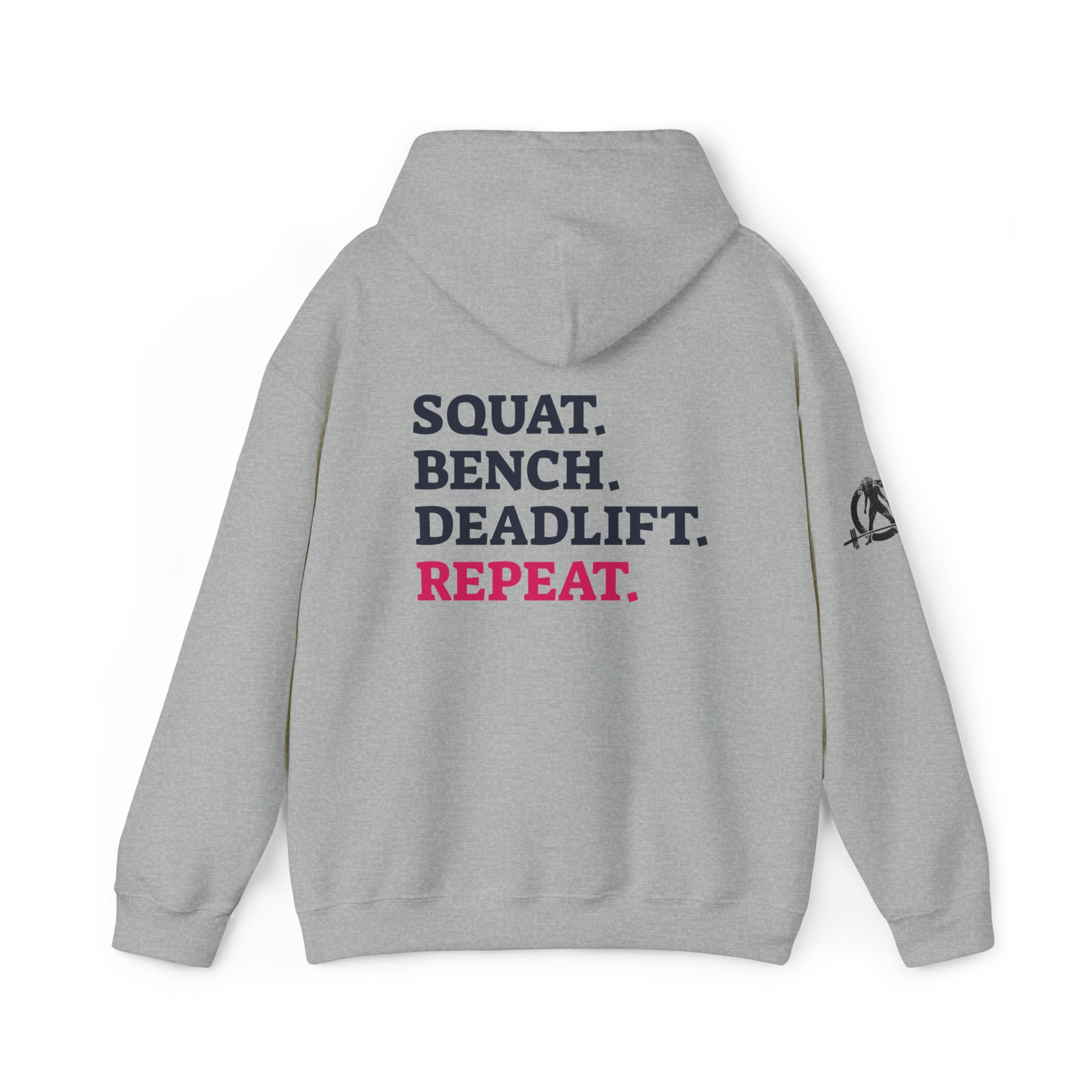 Squat Bench Deadlift Repeat - Unisex Heavy Blend Hooded Sweatshirt - Dark Black Logo - Pink - SBDR on BACK