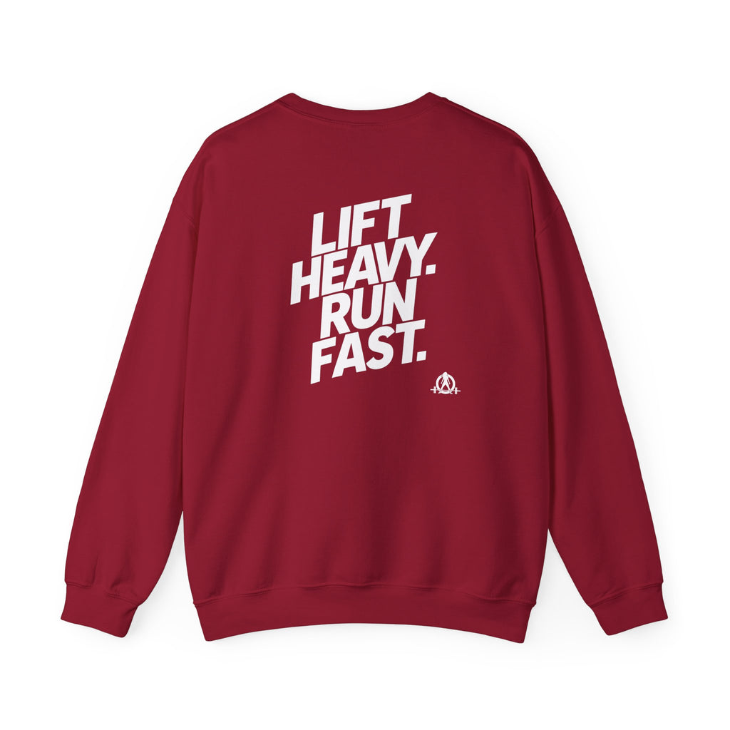 Lift Heavy Run Fast - Unisex Heavy Blend™ Crewneck Sweatshirt - White Logo Front & Back