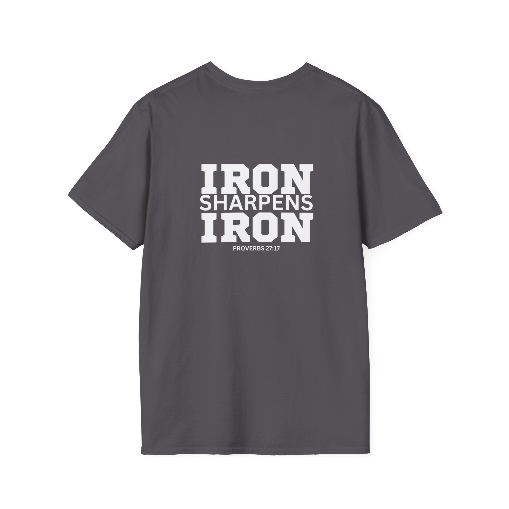 Iron Sharpens Iron - Unisex Softstyle T-Shirt - White Logo Front & Back