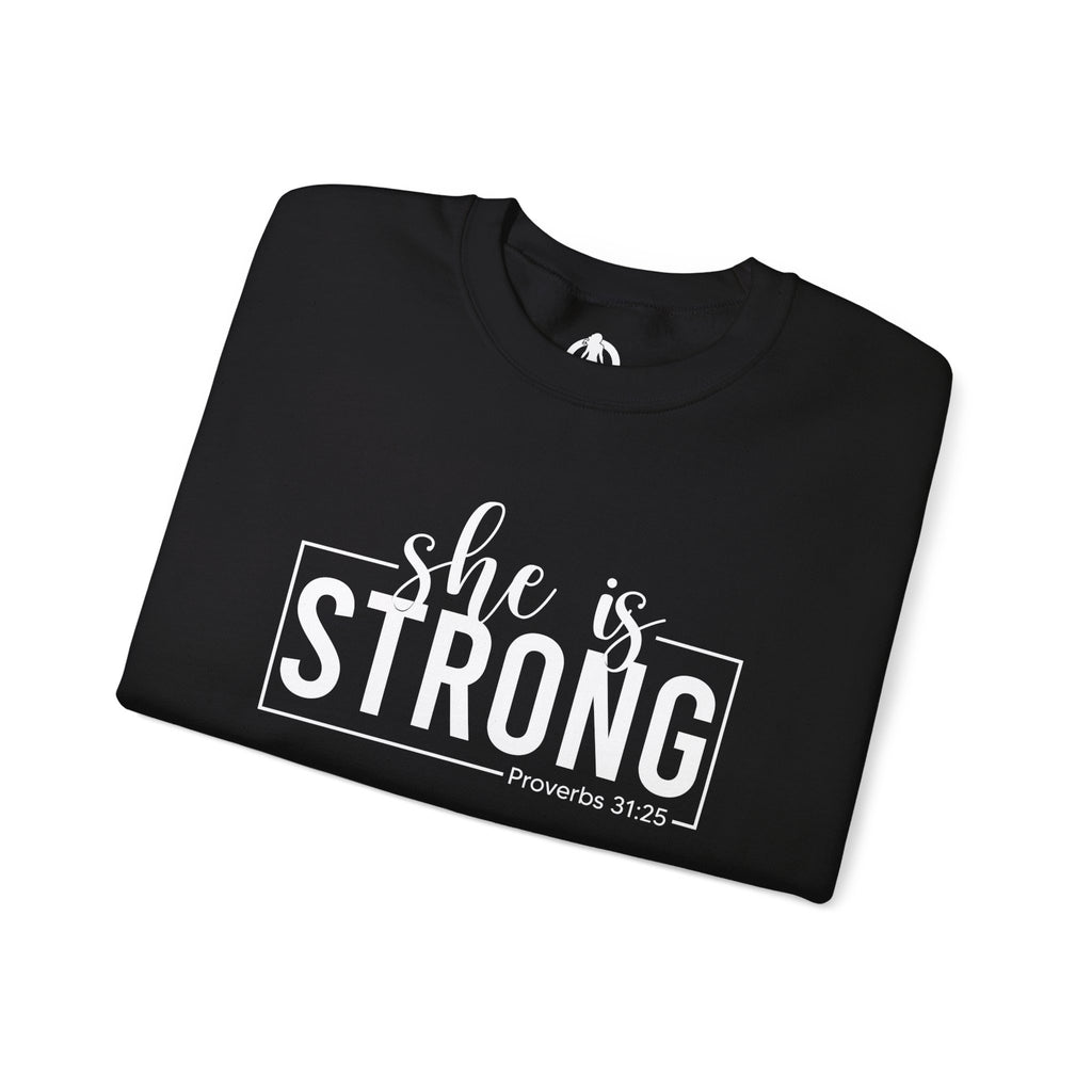 She is STRONG - Unisex Heavy Blend™ Crewneck Sweatshirt - Front White Logo - Plain Back