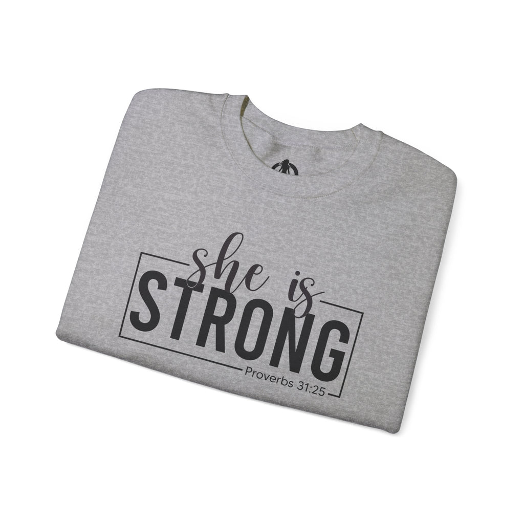 She is STRONG - Unisex Heavy Blend™ Crewneck Sweatshirt - Front Black Logo - Plain Back