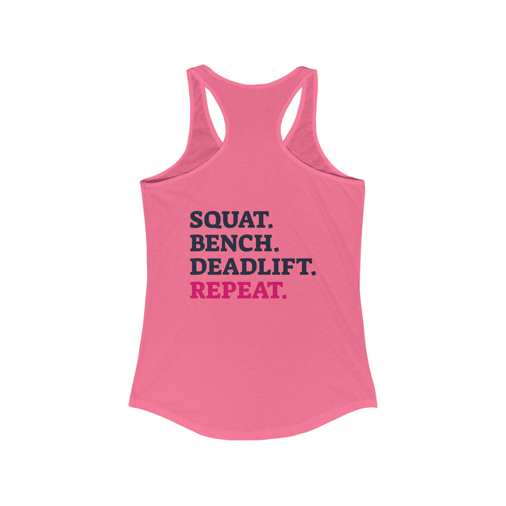 Squat Bench Deadlift Repeat - Women's Ideal Racerback Tank - Black Distressed Logo + Pink - Light - SBDR on Back