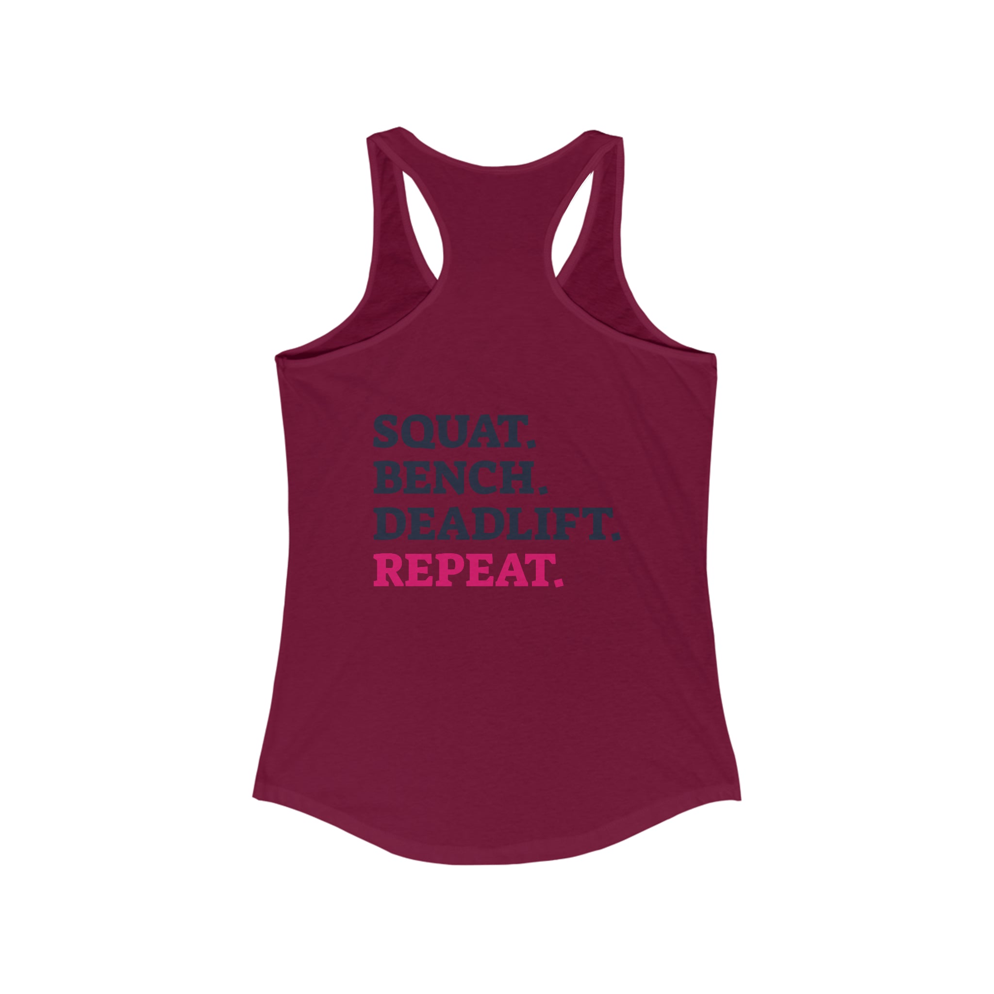 Squat Bench Deadlift Repeat - Women's Ideal Racerback Tank - Black Distressed Logo + Pink - Light - SBDR on Back