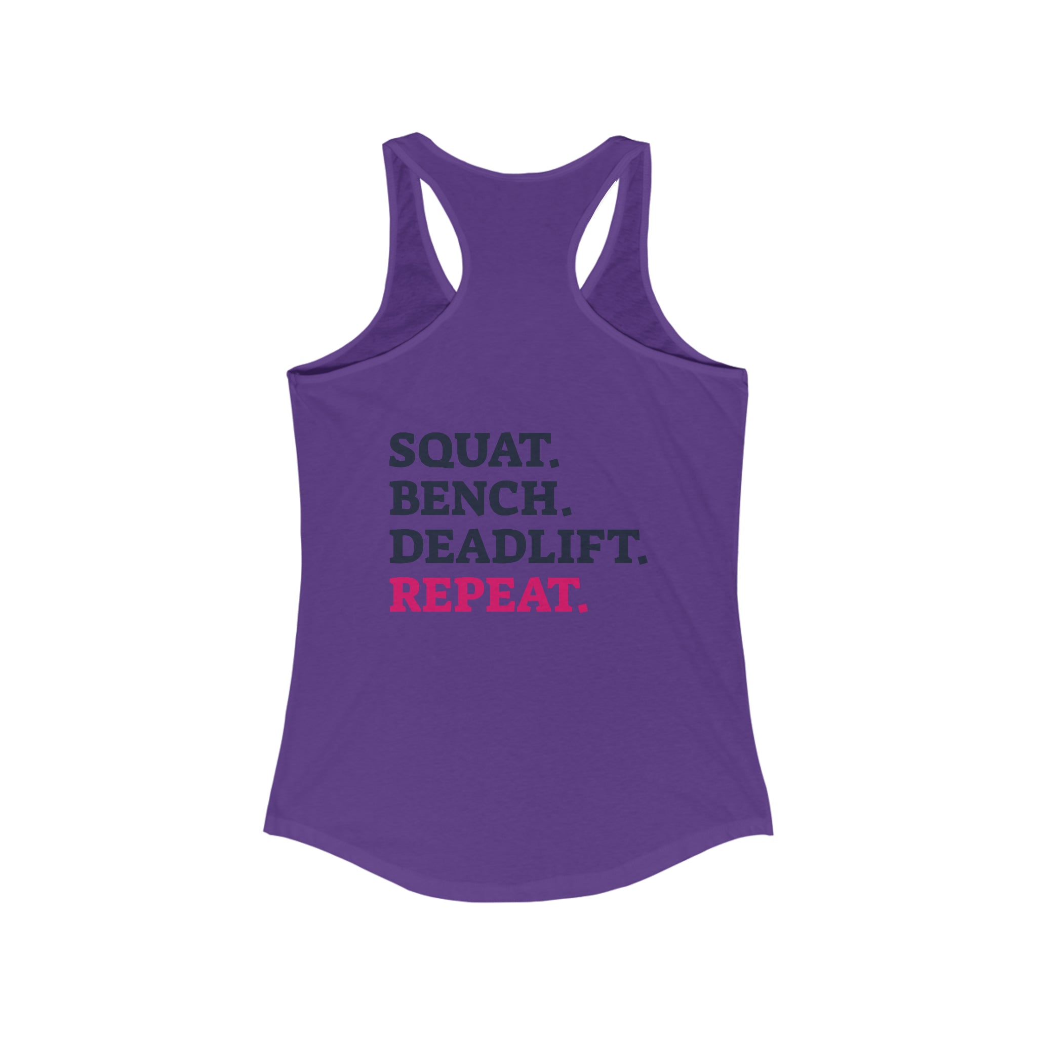 Squat Bench Deadlift Repeat - Women's Ideal Racerback Tank - Black Distressed Logo + Pink - Light - SBDR on Back