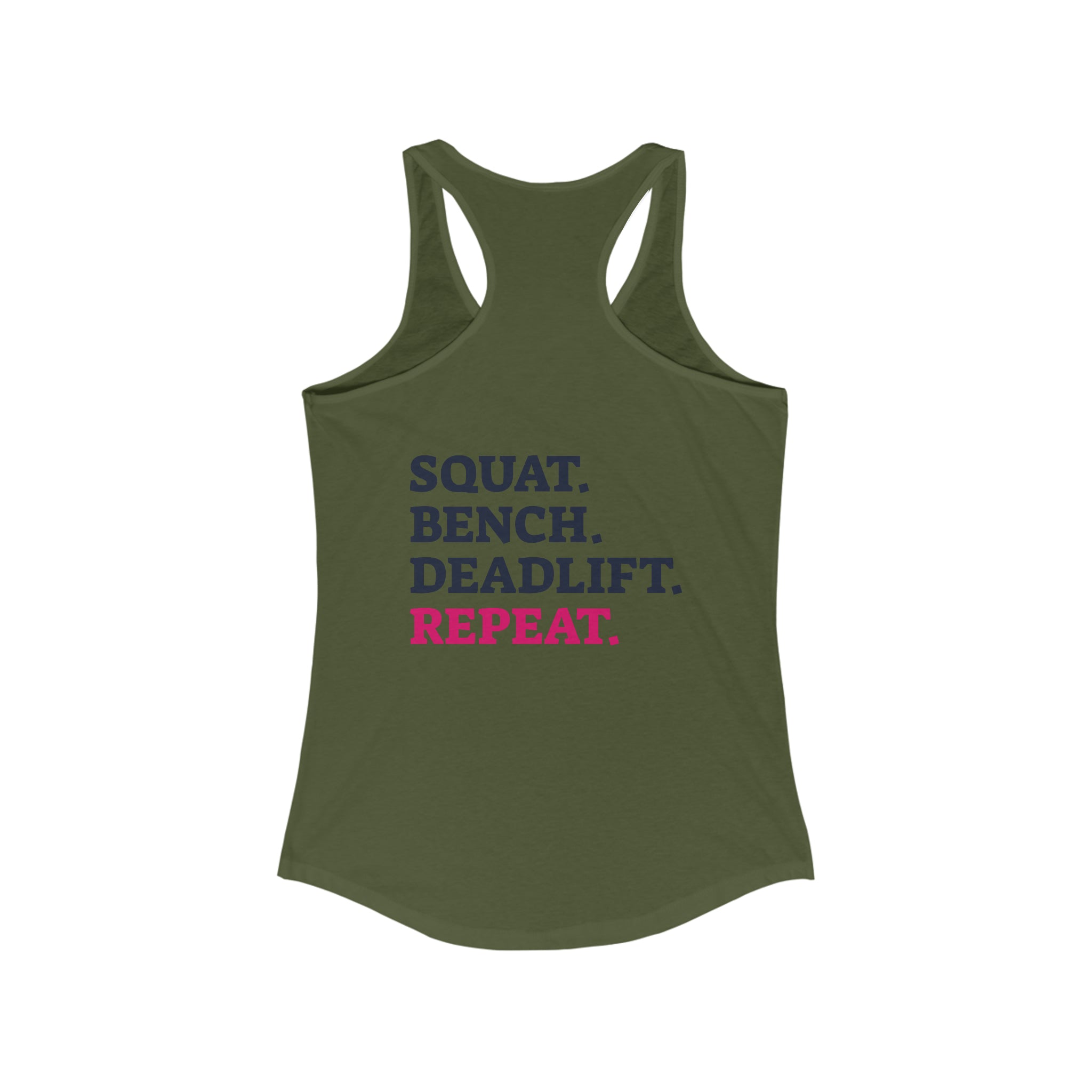 Squat Bench Deadlift Repeat - Women's Ideal Racerback Tank - Black Distressed Logo + Pink - Light - SBDR on Back