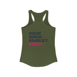 Squat Bench Deadlift Repeat - Women's Ideal Racerback Tank - Black Distressed Logo + Pink - Light - SBDR on Back