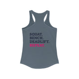 Squat Bench Deadlift Repeat - Women's Ideal Racerback Tank - Black Distressed Logo + Pink - Light - SBDR on Back