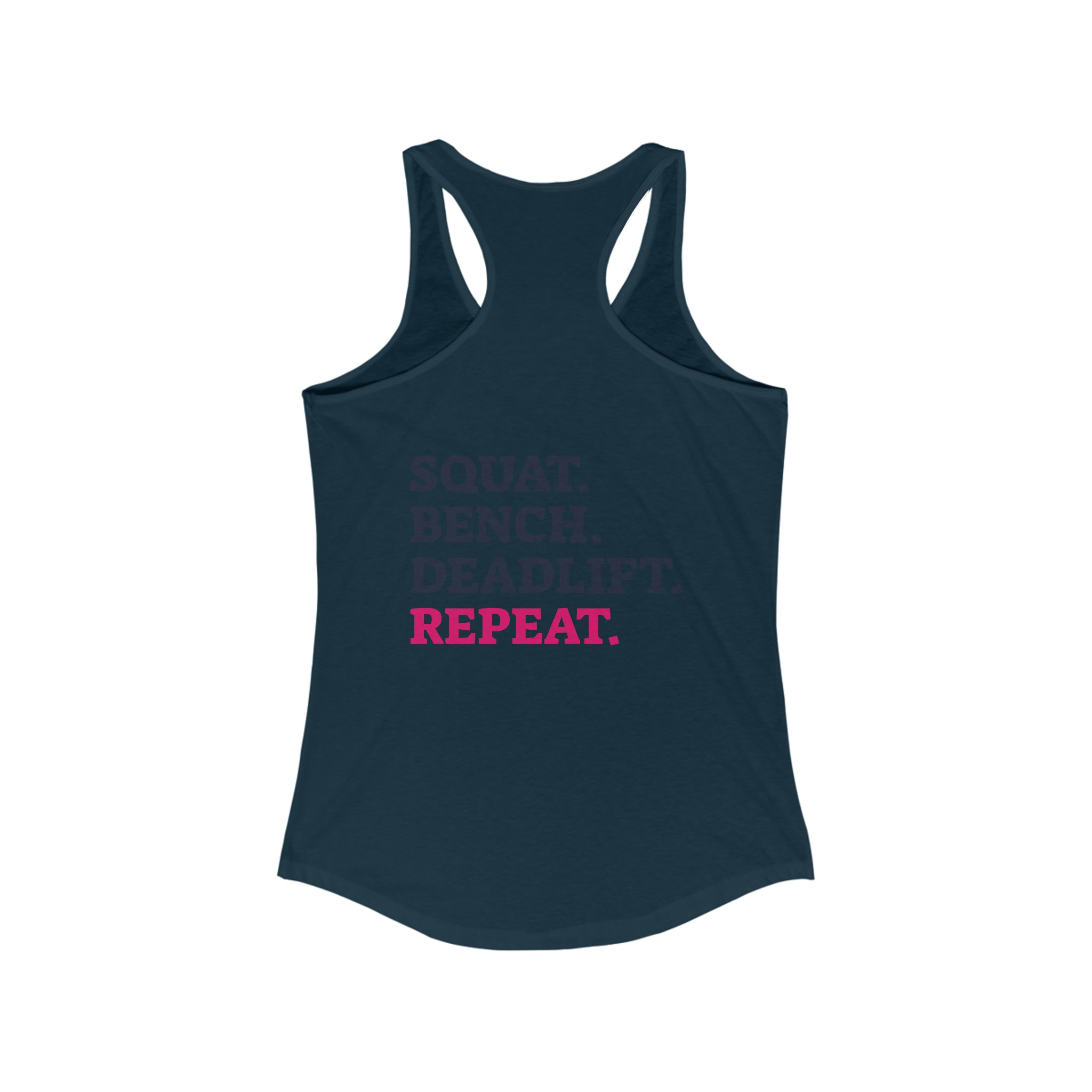 Squat Bench Deadlift Repeat - Women's Ideal Racerback Tank - Black Distressed Logo + Pink - Light - SBDR on Back