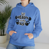 Lift Heavy Swing Fast - Unisex Heavy Blend Hooded Sweatshirt - Black Logo - Right Shoulder - Plain Back