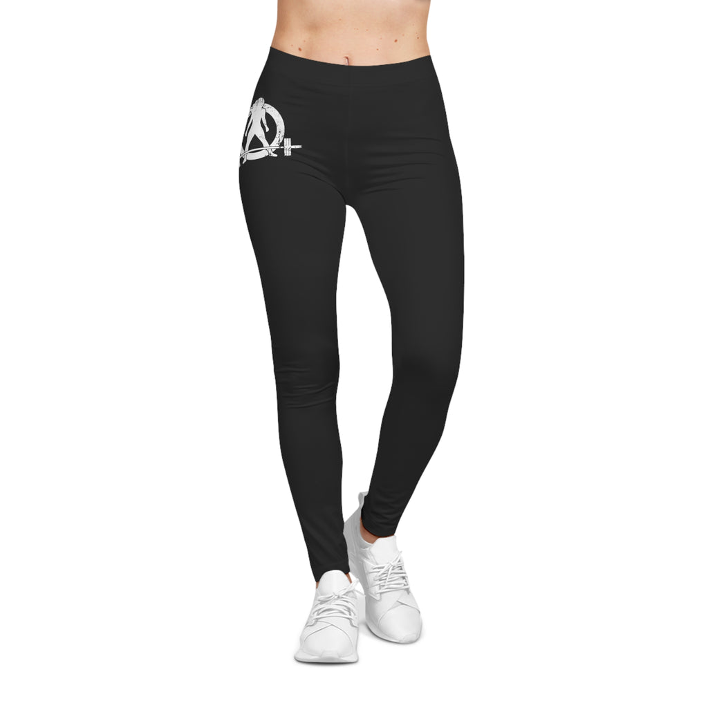 Black Women's Casual Leggings - Black and White Distressed Logo - Right Hip