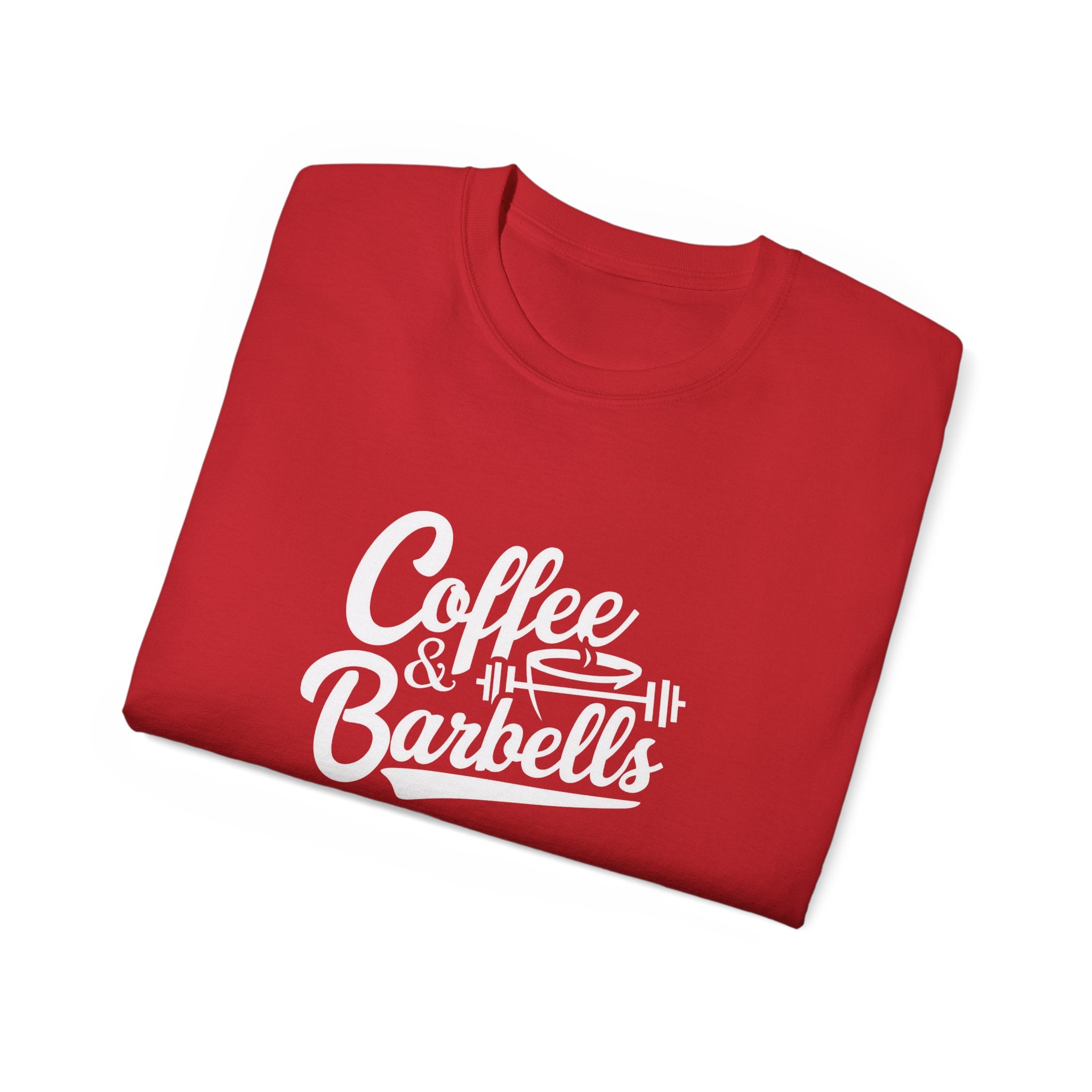 Coffee & Barbells - Unisex Ultra Cotton Tee - Front White Logo - Plain Back