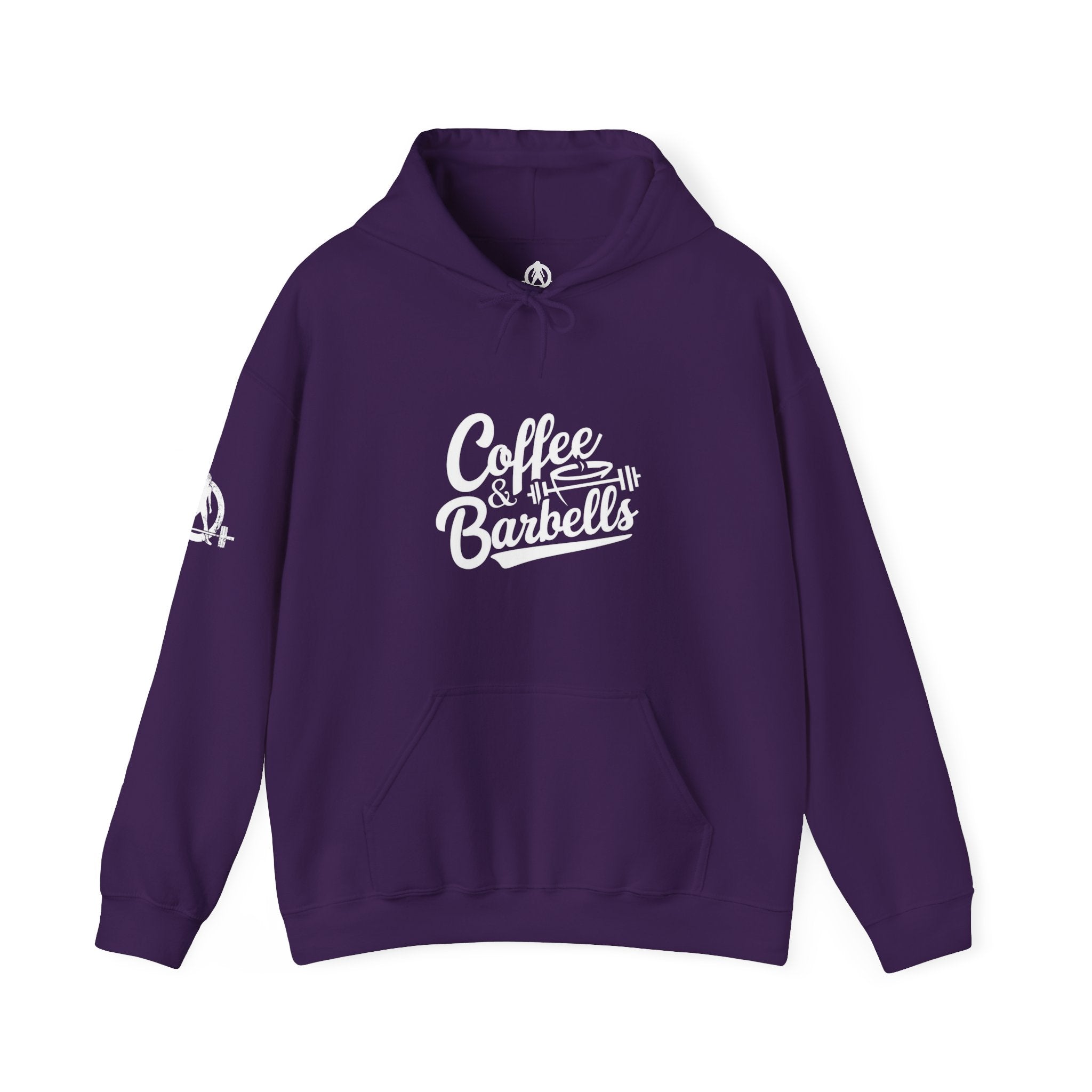 Coffee & Barbells - Unisex Heavy Blend Hooded Sweatshirt - White Logo on Front & Right Sleeve