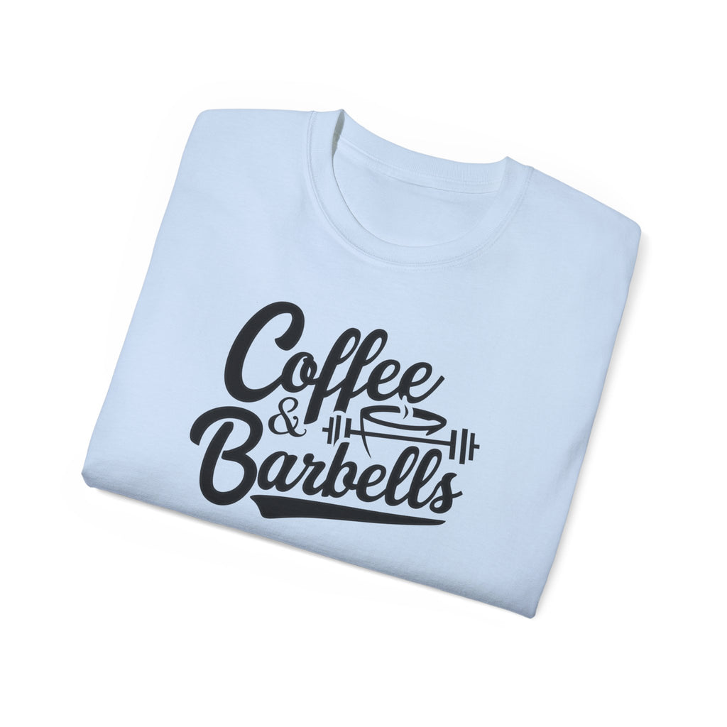 Coffee & Barbells - Unisex Ultra Cotton Tee - Front Black Logo - Plain Back