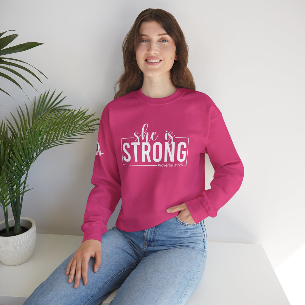 She is STRONG - Unisex Heavy Blend™ Crewneck Sweatshirt - Front White Logo - Plain Back