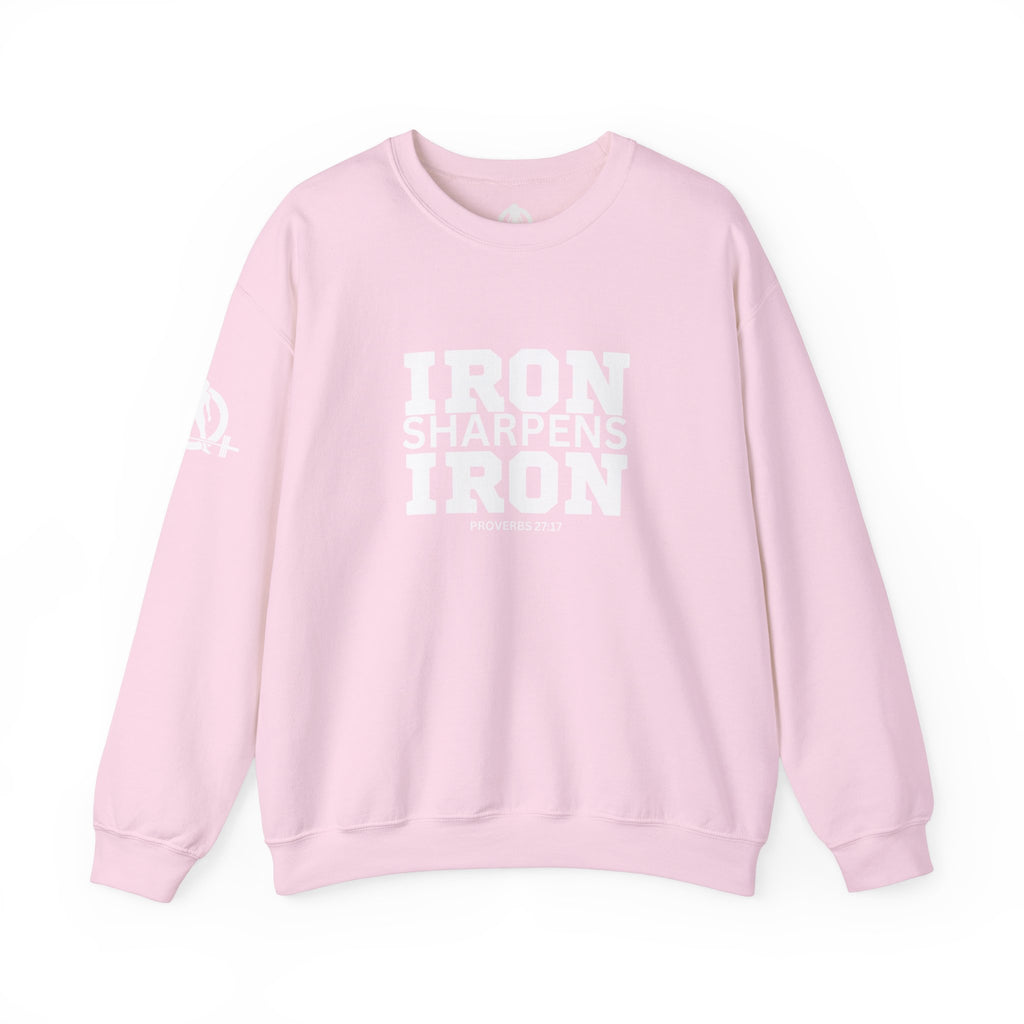 Iron Sharpens Iron - Unisex Heavy Blend™ Crewneck Sweatshirt - Front White Logo - Plain Back
