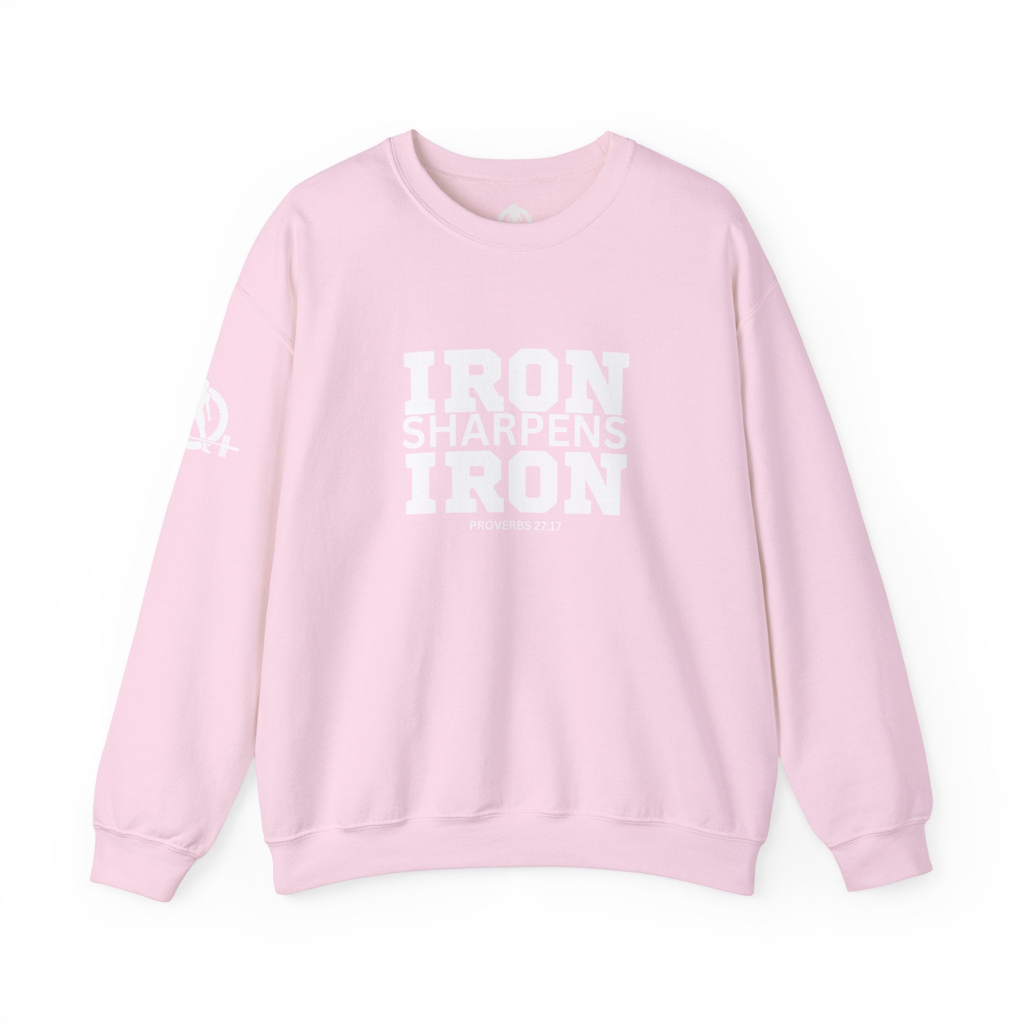 Iron Sharpens Iron - Unisex Heavy Blend™ Crewneck Sweatshirt - Front White Logo - Plain Back