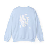 Lift Heavy Run Fast - Unisex Heavy Blend™ Crewneck Sweatshirt - White Logo Front & Back