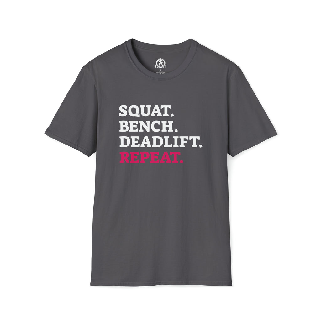 Squat Bench Deadlift Repeat - Unisex Softstyle T-Shirt - Black & Pink - Plain Back