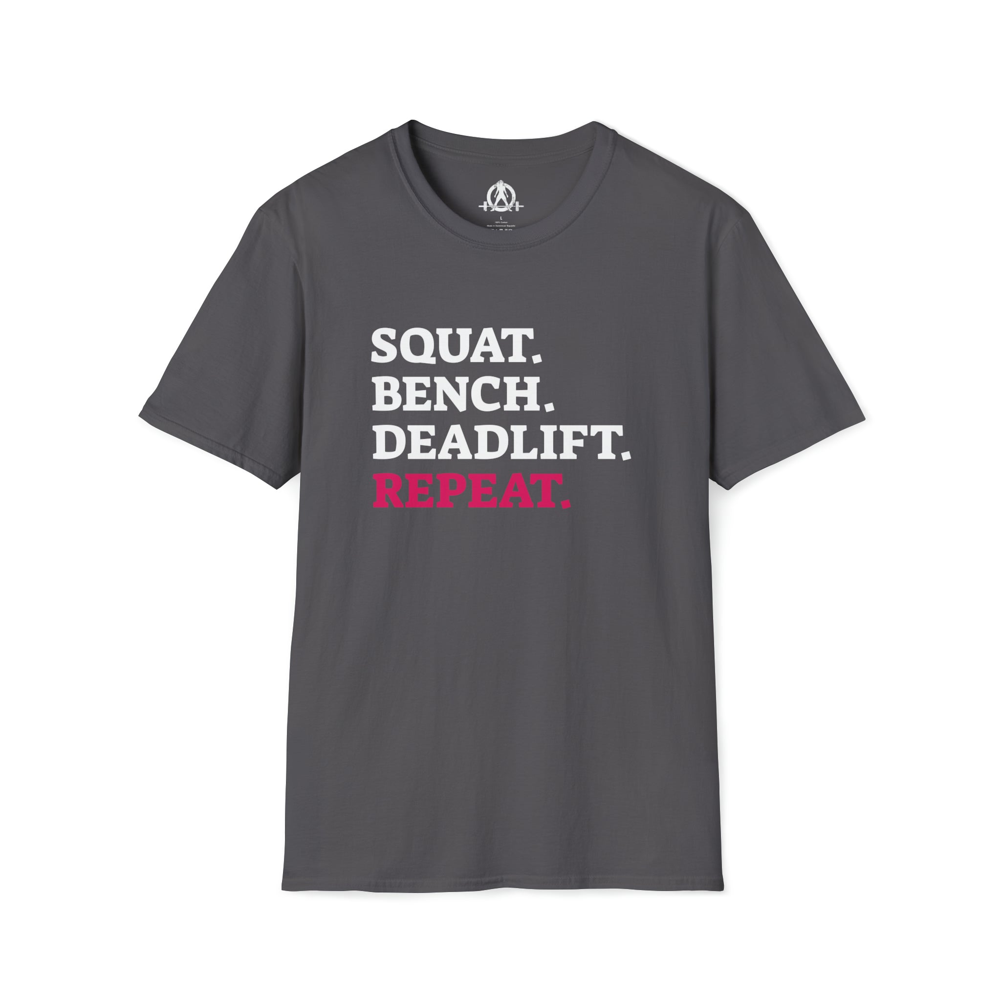 Squat Bench Deadlift Repeat - Unisex Softstyle T-Shirt - Black & Pink - Plain Back