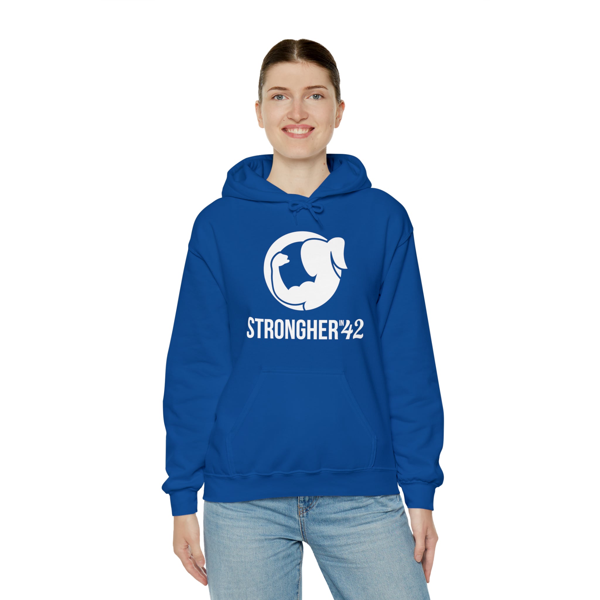 Strong Her in 42 - Classic Logo White - Unisex Heavy Blend Hooded Sweatshirt