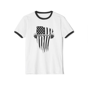 USA Barbell - Unisex Cotton Ringer T-Shirt - Black Logo Front