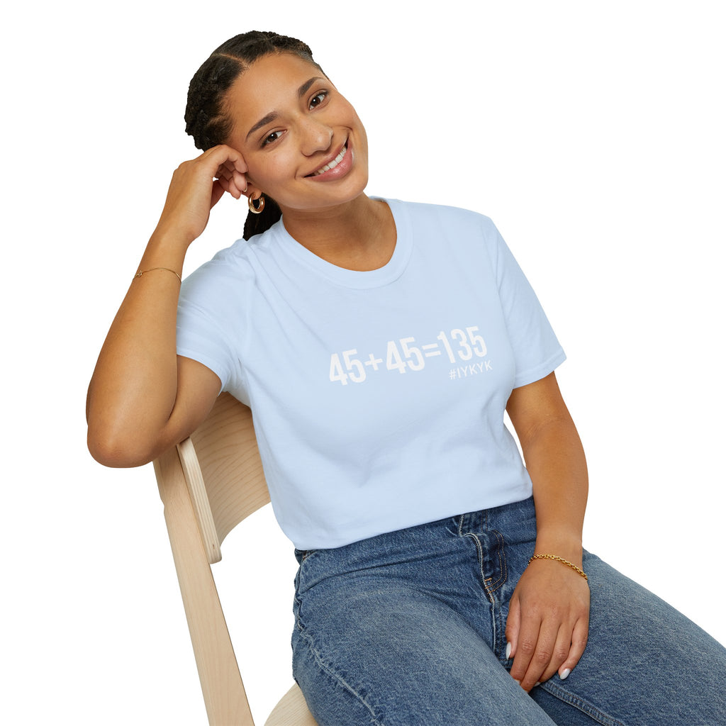 45 + 45 = 135  - Unisex Softstyle T-Shirt - Print on Front Plain Back