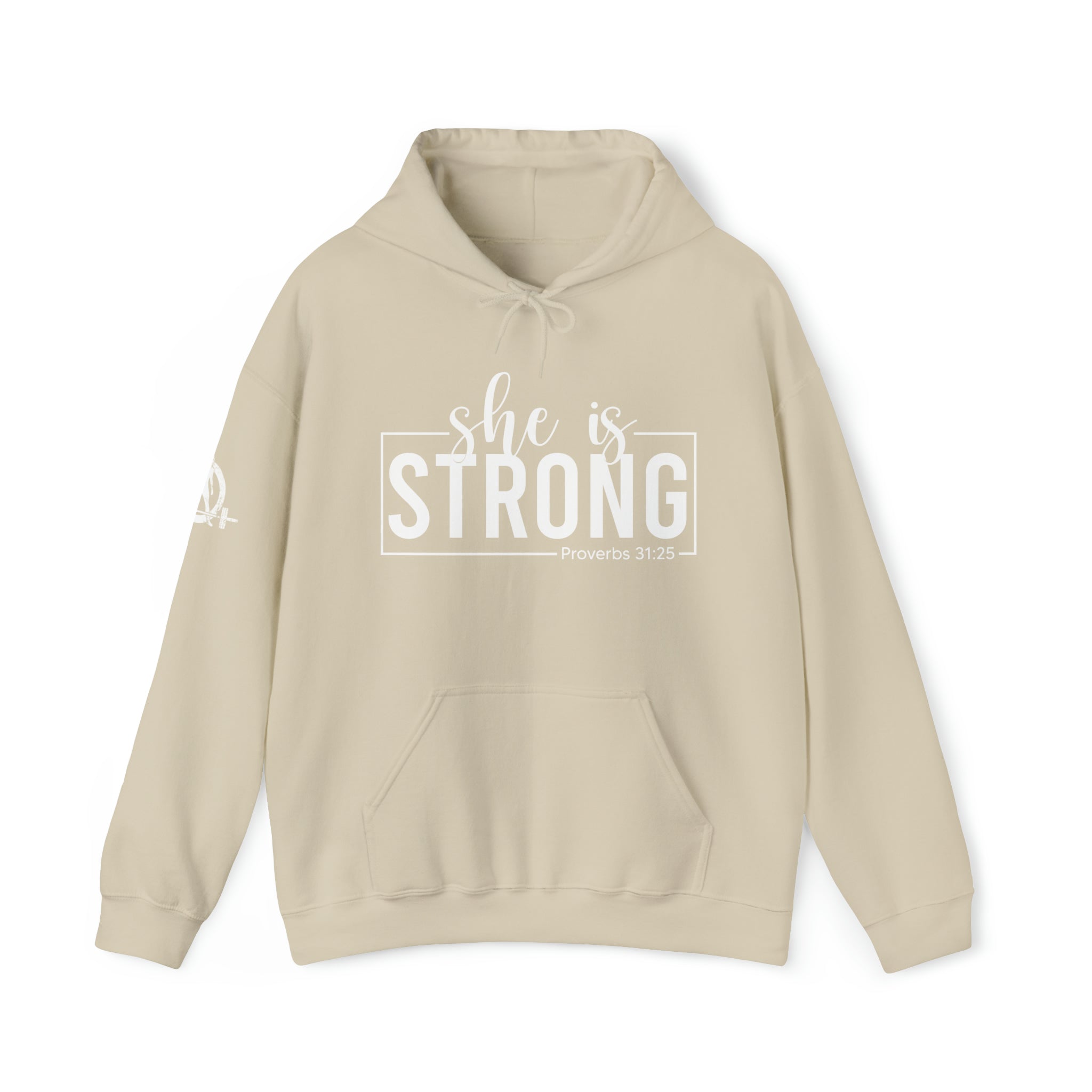 She is STRONG - Unisex Heavy Blend Hooded Sweatshirt - White Logo -  Plain Back