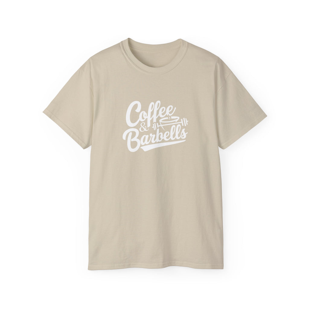Coffee & Barbells - Unisex Ultra Cotton Tee - Front White Logo - Plain Back