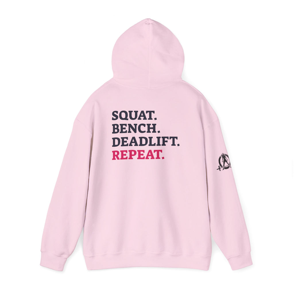 WWLW “Squat • Bench • Deadlift • Repeat” Hoodie - Black Logo Back