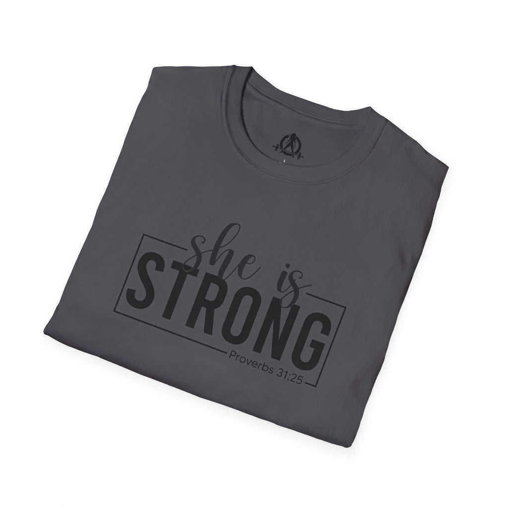She Is STRONG - Unisex Softstyle T-Shirt - Front Black Print